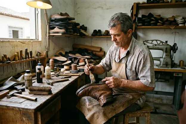 Profissional aplicando impermeabilizante em sapato.