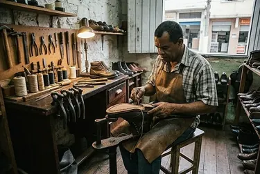 Profissional costurando um calçado com máquinas e materiais específicos.