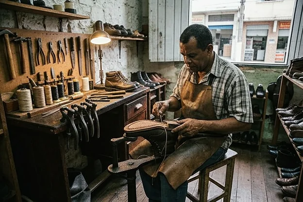 Profissional costurando um calçado com máquinas e materiais específicos.