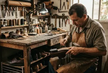 Profissional reformando um sapato social com foco nos detalhes.