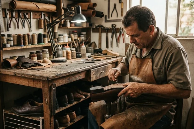 Profissional reformando um sapato social com foco nos detalhes.