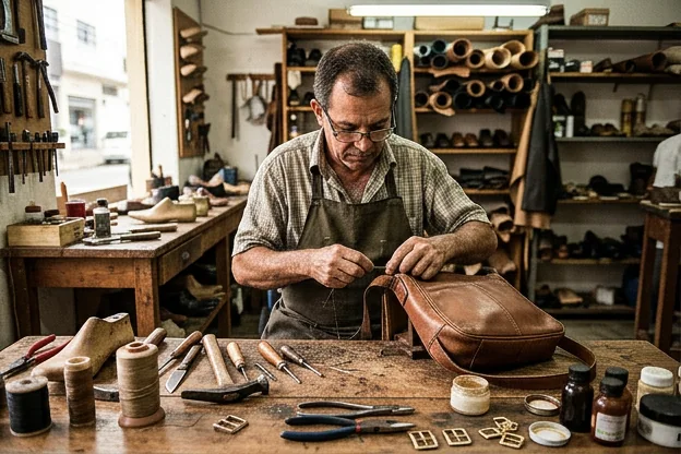 Sapateiro realizando reforma de bolsa de couro com cuidado.
