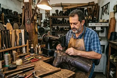 Profissional realizando o conserto de zíper de bota.