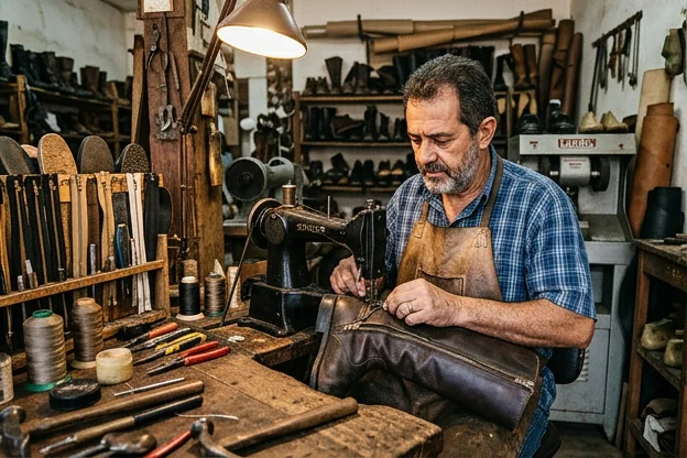 Profissional realizando o conserto de zíper de bota.