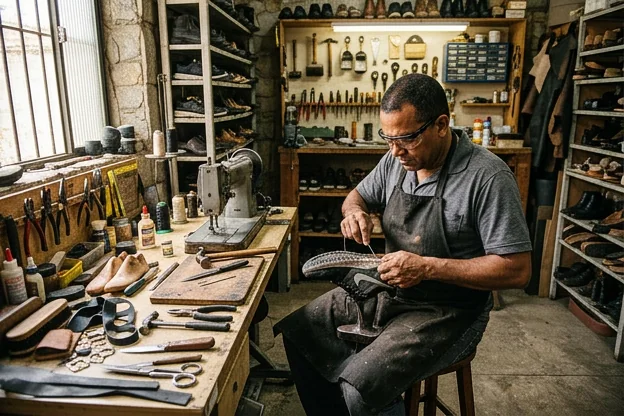 Profissional reparando um tênis com atenção aos detalhes.