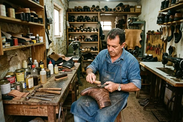 Profissional aplicando impermeabilizante em sapato.