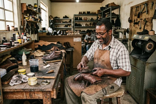 Profissional cuidando de sapatos com produtos adequados.