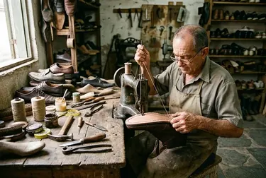 Profissional trocando solado de sapato com ferramentas específicas.